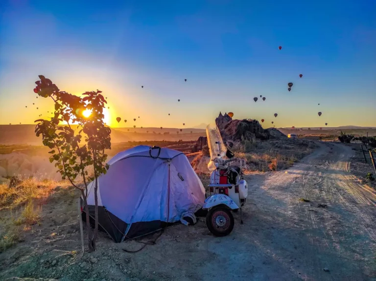 Sunrise during camping, travel in Cappadocia